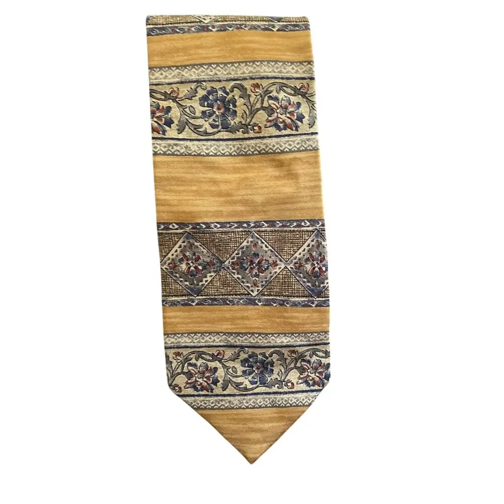 Etienne Aigner Silk Tie Gold Blue Floral Geometric Made In USA‎